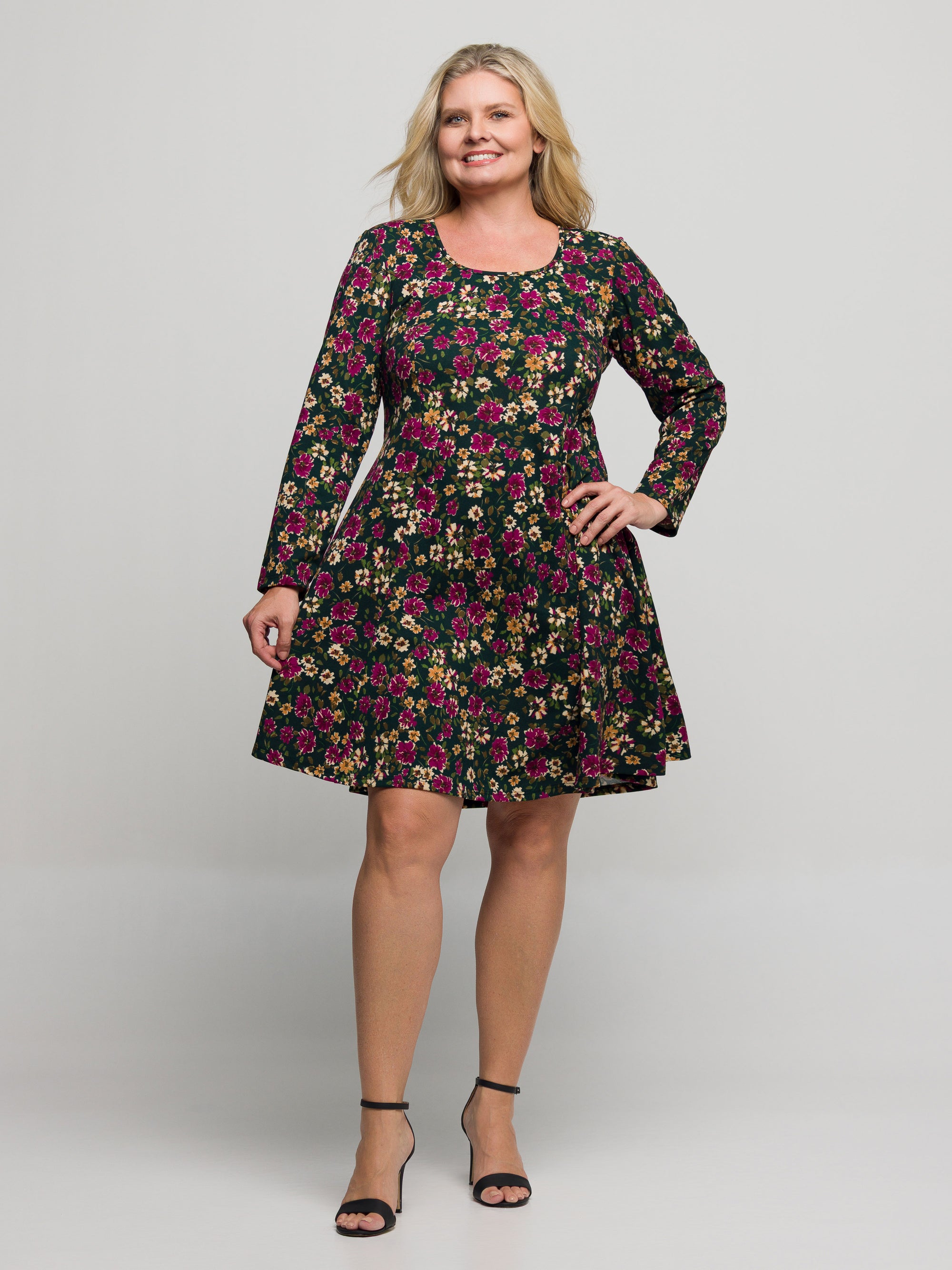 24seven Comfort Apparel Plus Size Floral Print Long Sleeve Fit and Flare Mini Dress