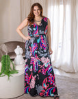 24seven Comfort Apparel Plus Size Black and Pink  Print V Neck Empire Waist Sleeveless Maxi Dress