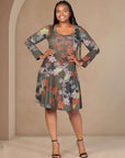 Plus Size Green Paisley Print Long Sleeve Knee Length Dress