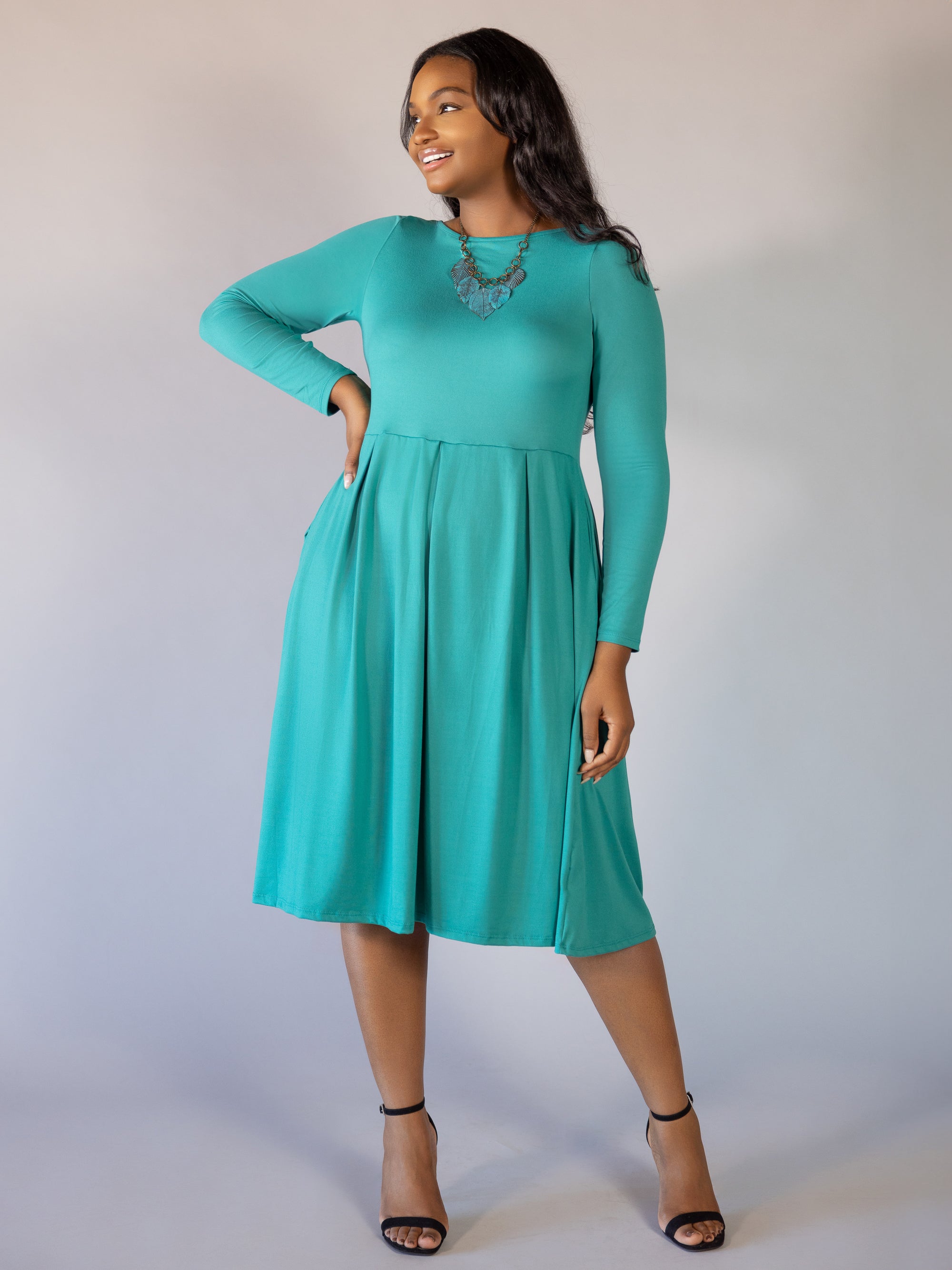 Long Sleeve Fit and Flare Plus Size Midi Dress