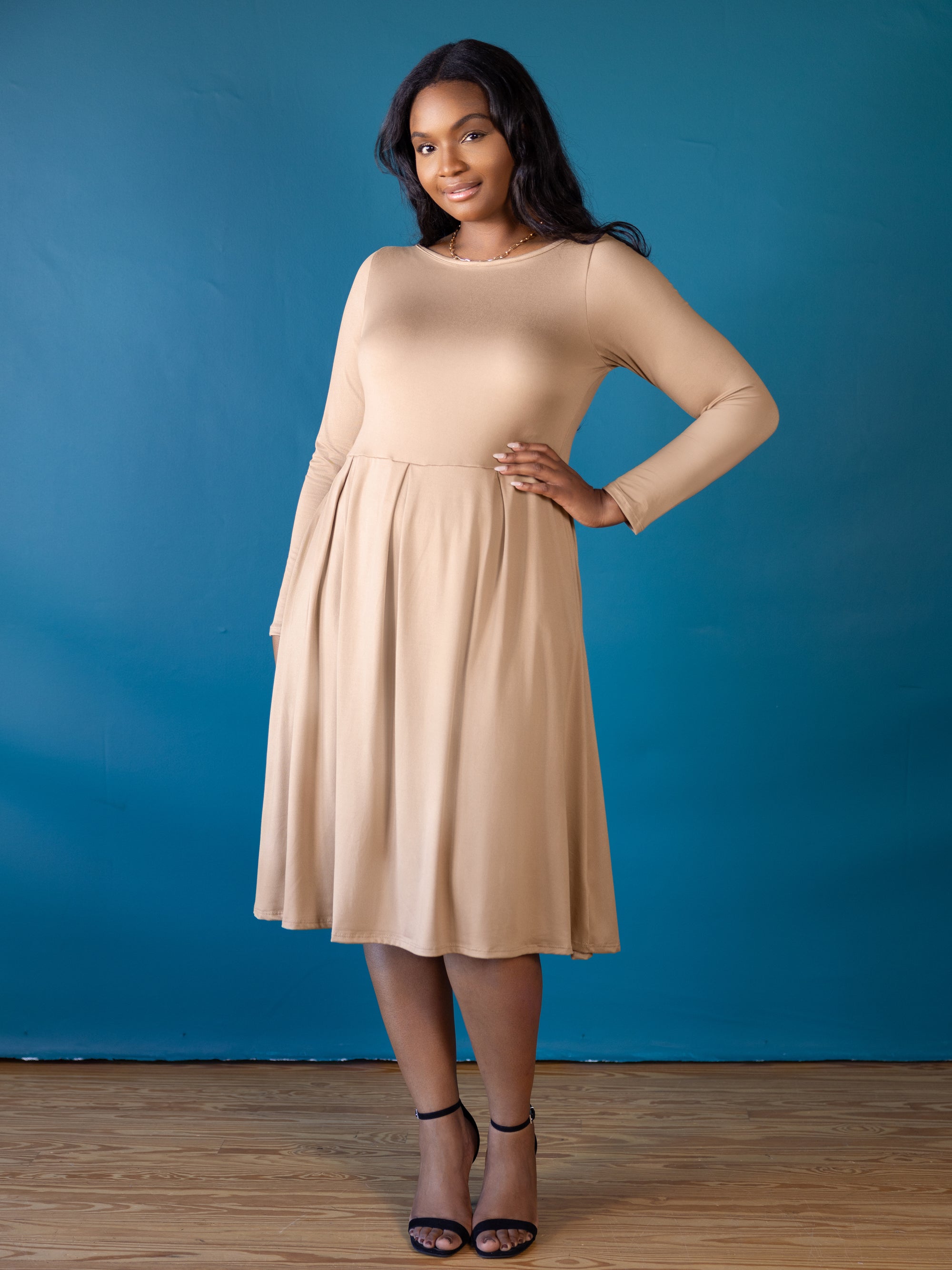 Long Sleeve Fit and Flare Plus Size Midi Dress