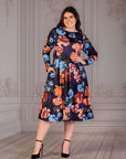 Plus Size Black Floral Midi Length Long Sleeve Pocket Dress