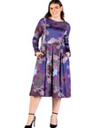 Plus Size Purple Paisley Midi Length Long Sleeve Pocket Dress