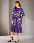 Plus Size Purple Paisley Midi Length Long Sleeve Pocket Dress