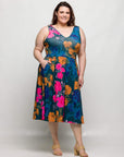 24seven Comfort Apparel Plus Size Midi Length Blue Floral Print Sleeveless Pleated Pocket Dress