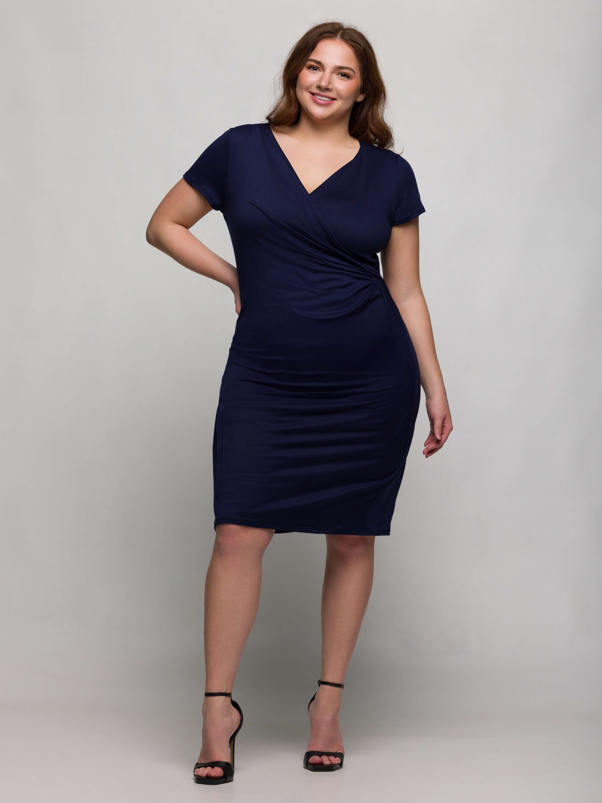 Short Sleeve V Neck Plus Size Faux Wrap Dress