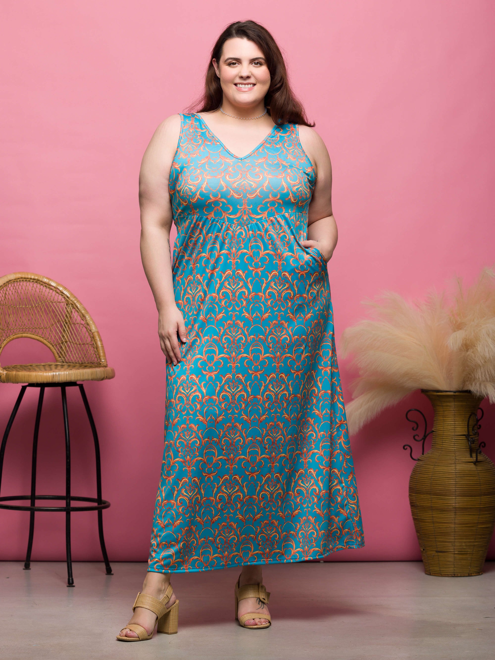 24seven Comfort Apparel Plus Size Sky Blue Sleeveless V Neck Maxi Dress With Pockets