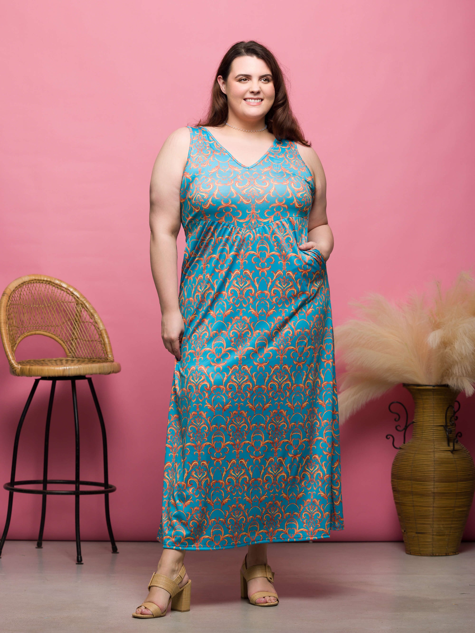 24seven Comfort Apparel Plus Size Sky Blue Sleeveless V Neck Maxi Dress With Pockets