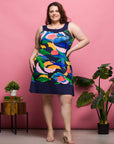 24seven Comfort Apparel Plus Size Blue Floral Scoop Neck Sleeveless Knee Length Dress