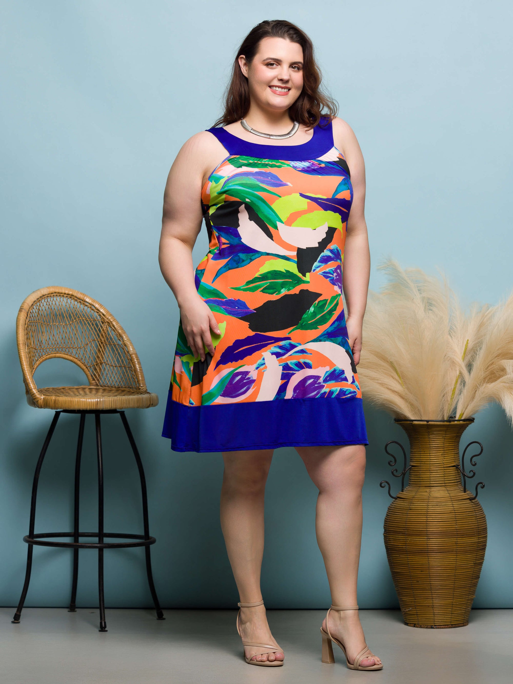 24seven Comfort Apparel Plus Size Multicolor Scoop Neck Sleeveless Knee Length Dress