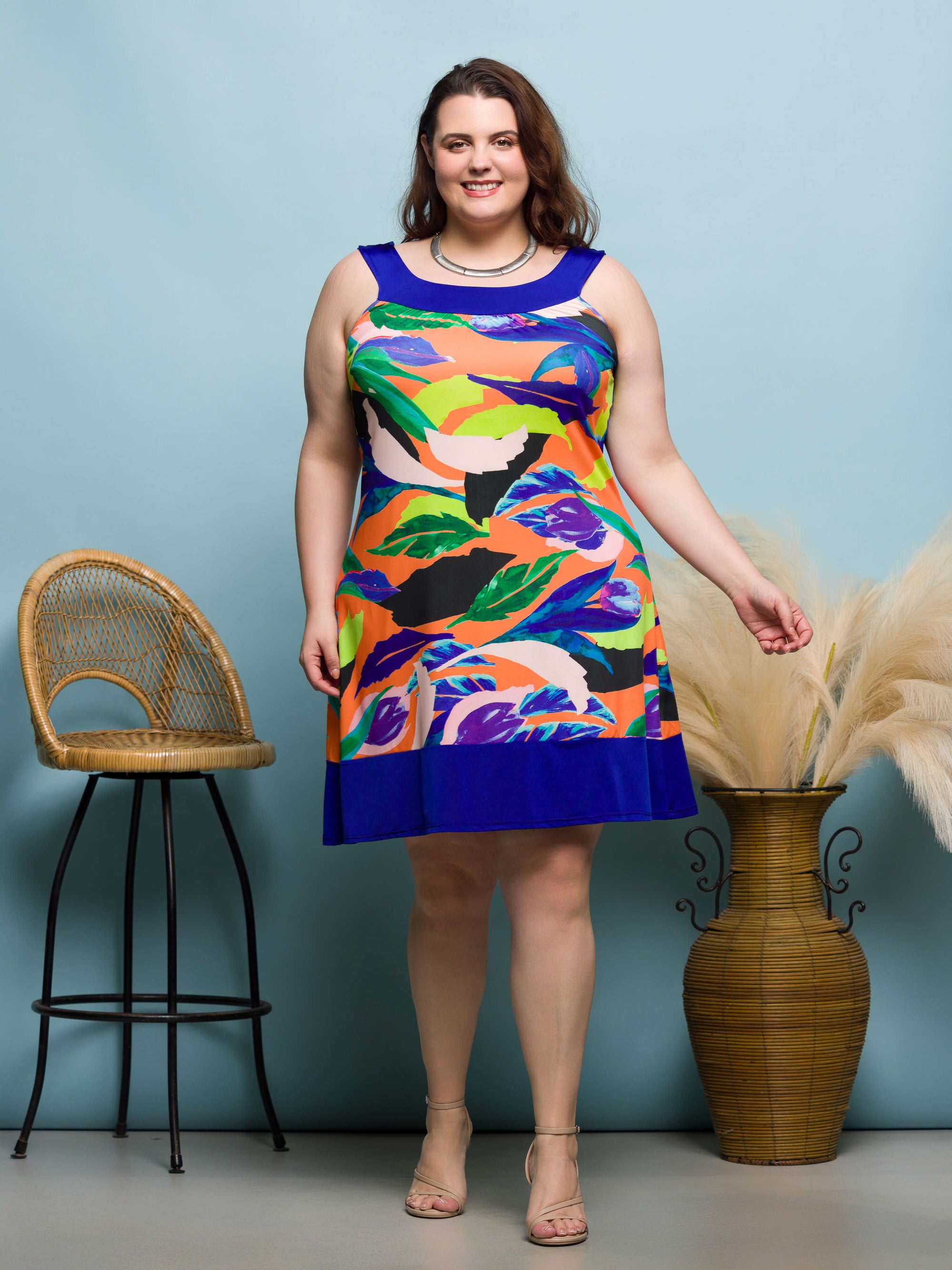 24seven Comfort Apparel Plus Size Multicolor Scoop Neck Sleeveless Knee Length Dress