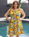 24seven Comfort Apparel Plus Size Yellow Paisley Sleeveless Pleated Knee Length Pocket Dress