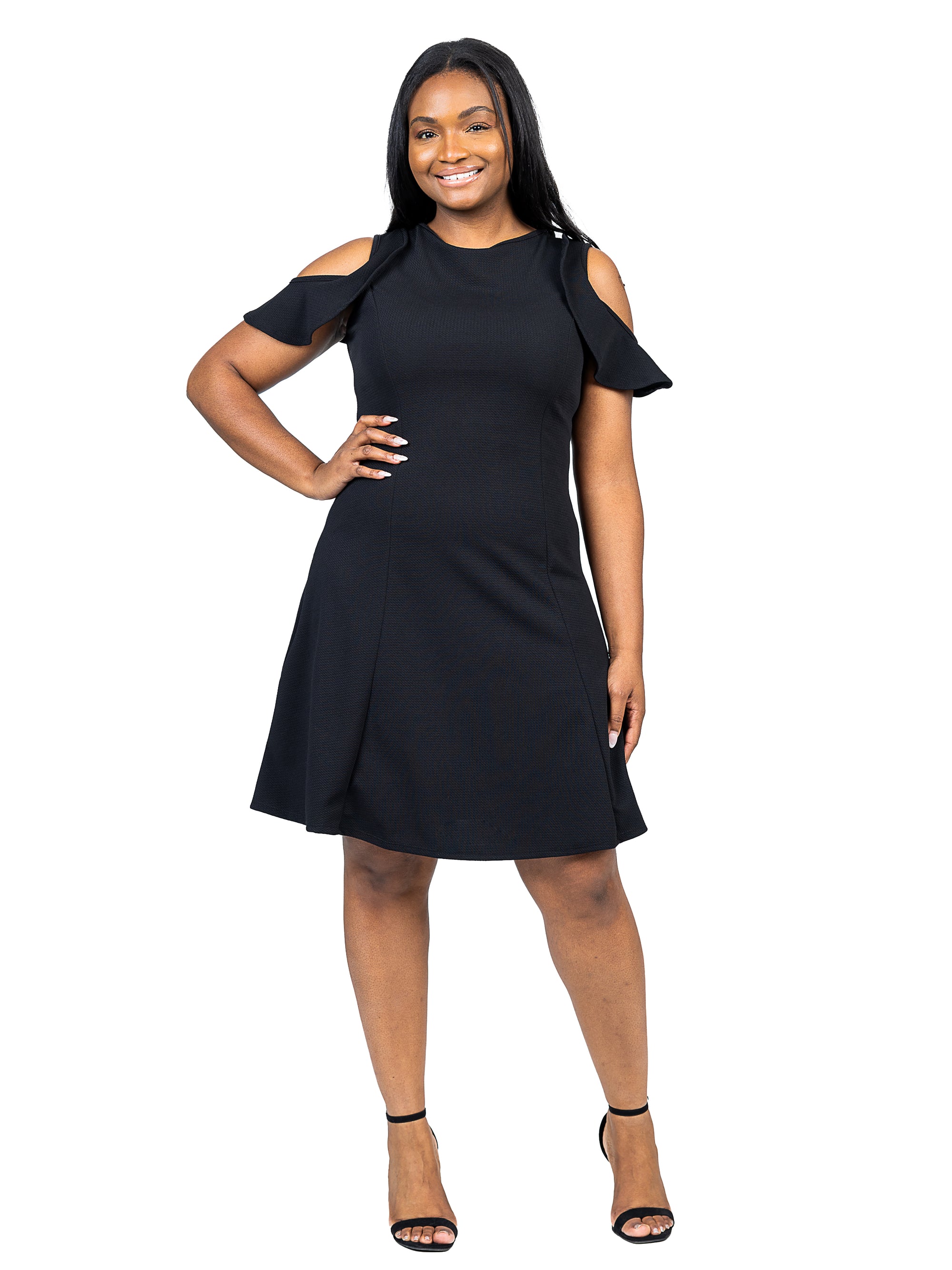 Plus Size Ruffle Cold Shoulder A Line Knee Length Dress
