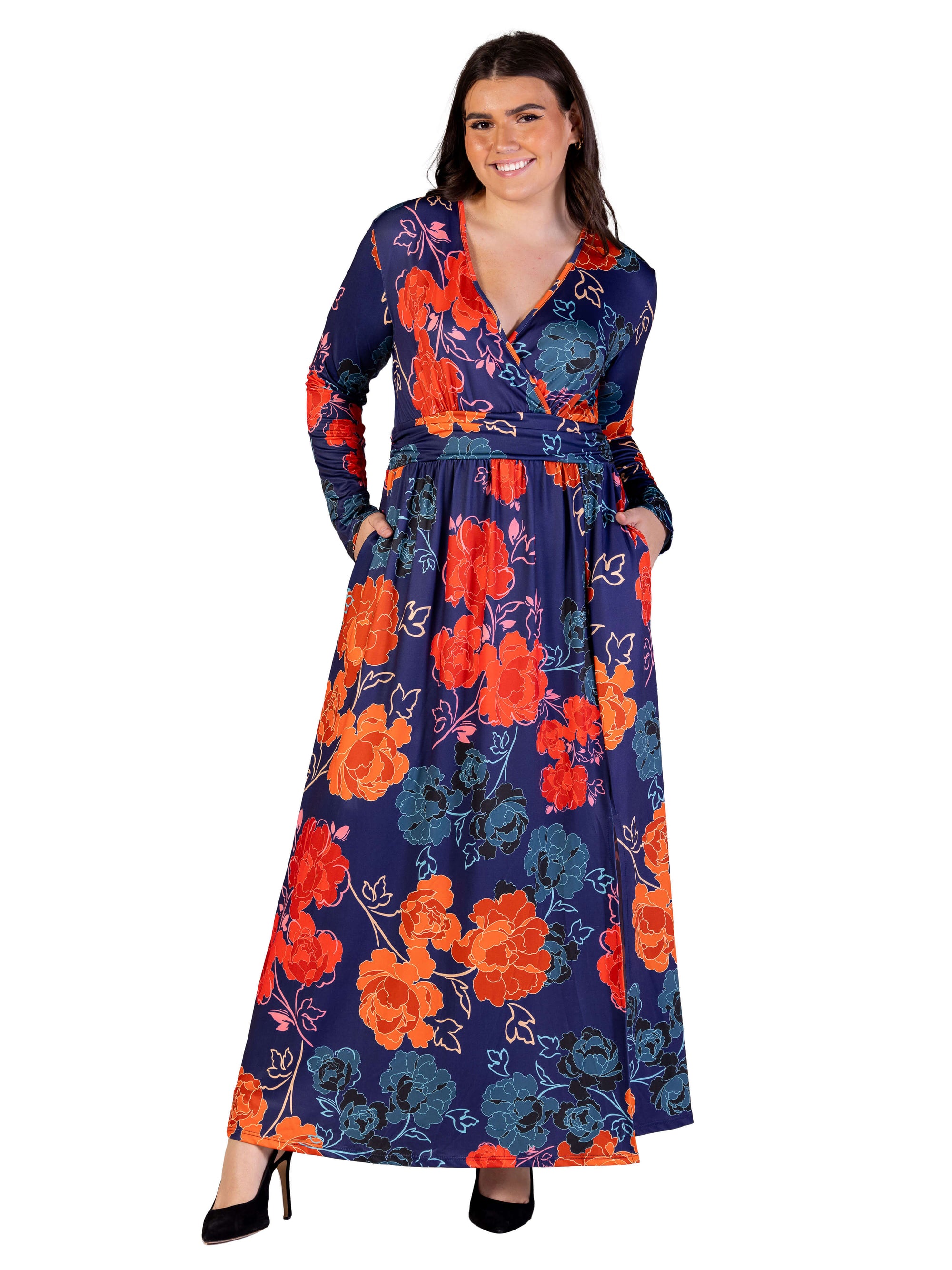 Plus Size Navy Floral Print Long Sleeve Side Slit Maxi Dress