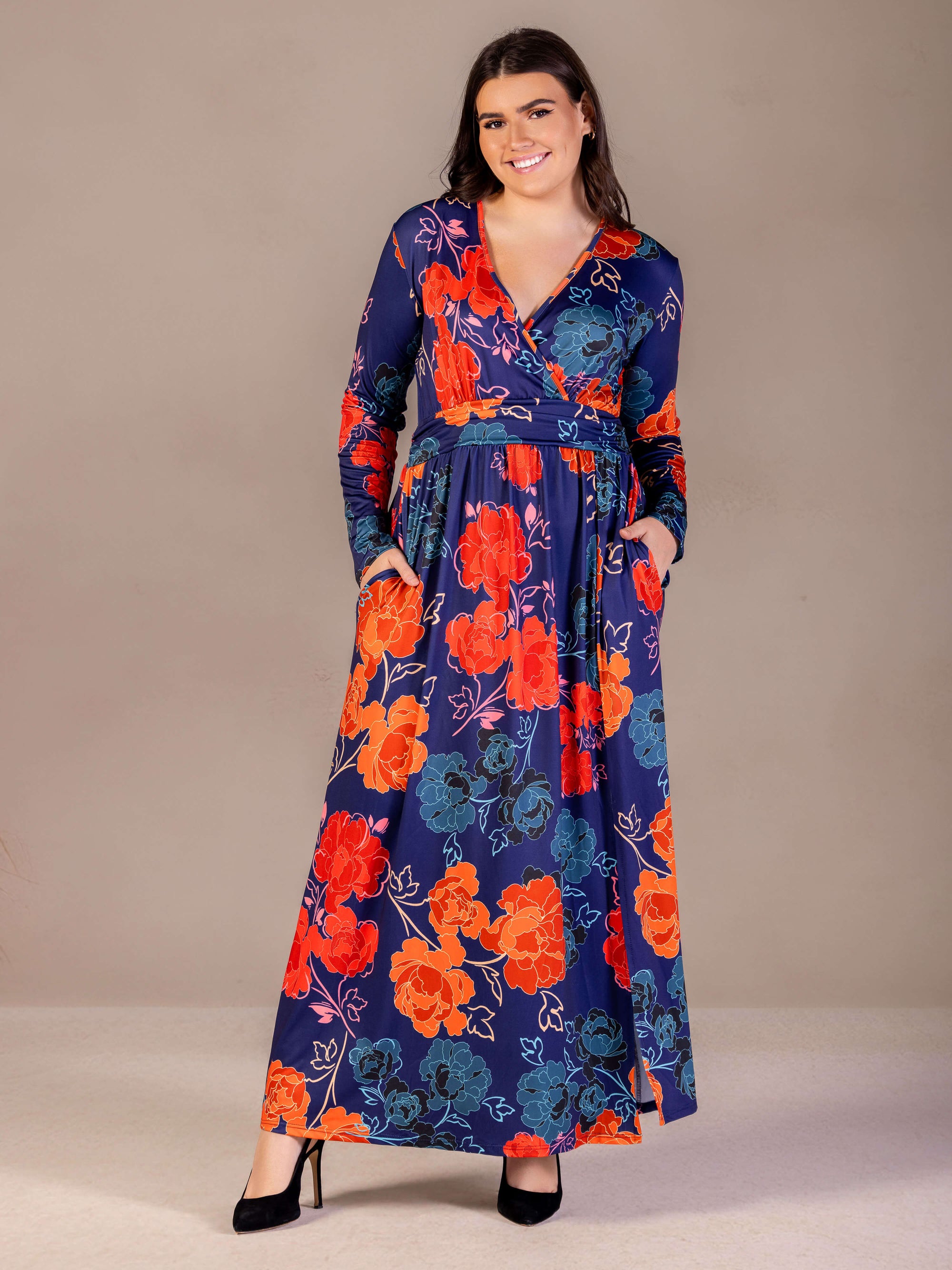 Plus Size Navy Floral Print Long Sleeve Side Slit Maxi Dress