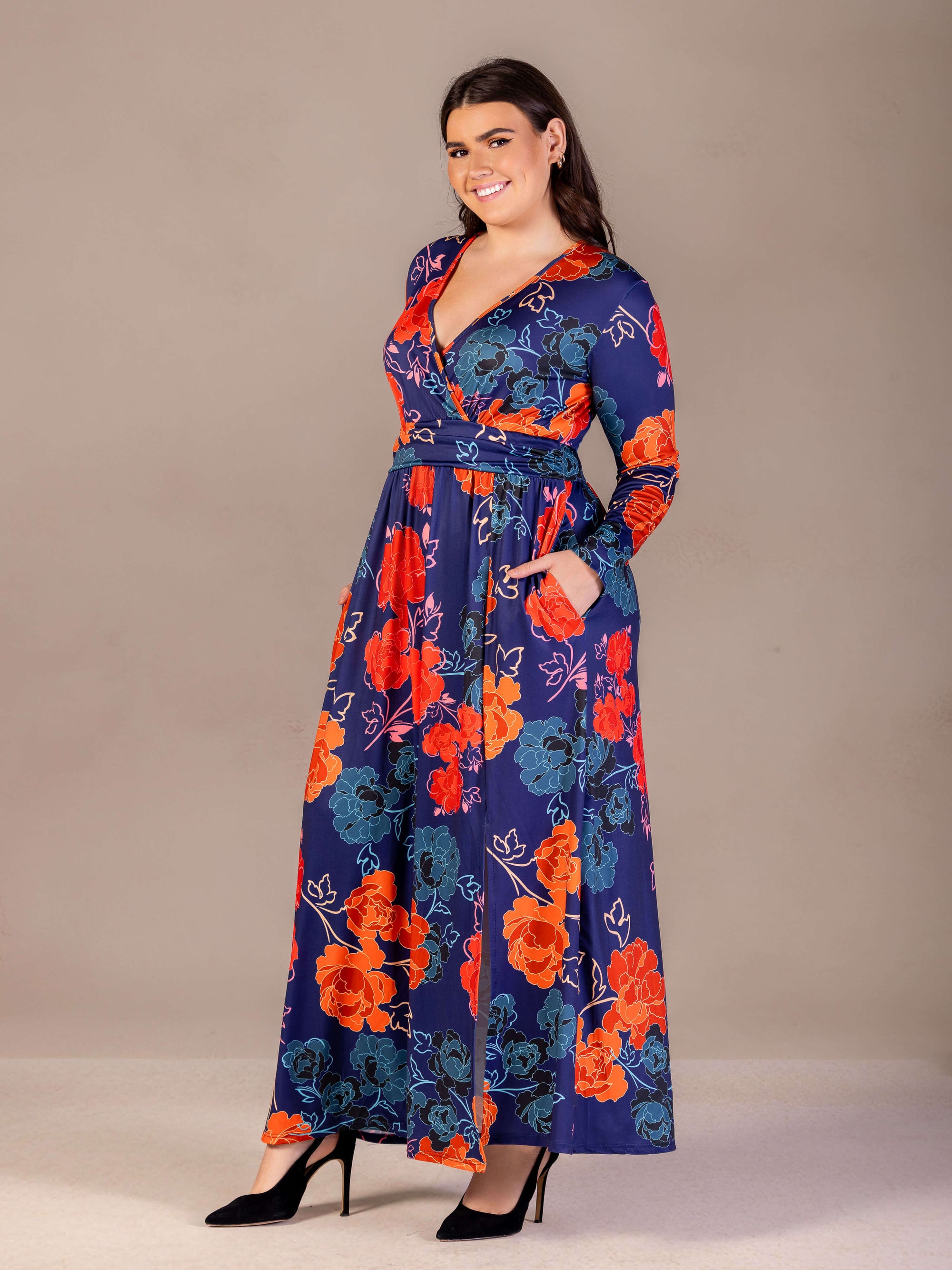 Plus Size Navy Floral Print Long Sleeve Side Slit Maxi Dress