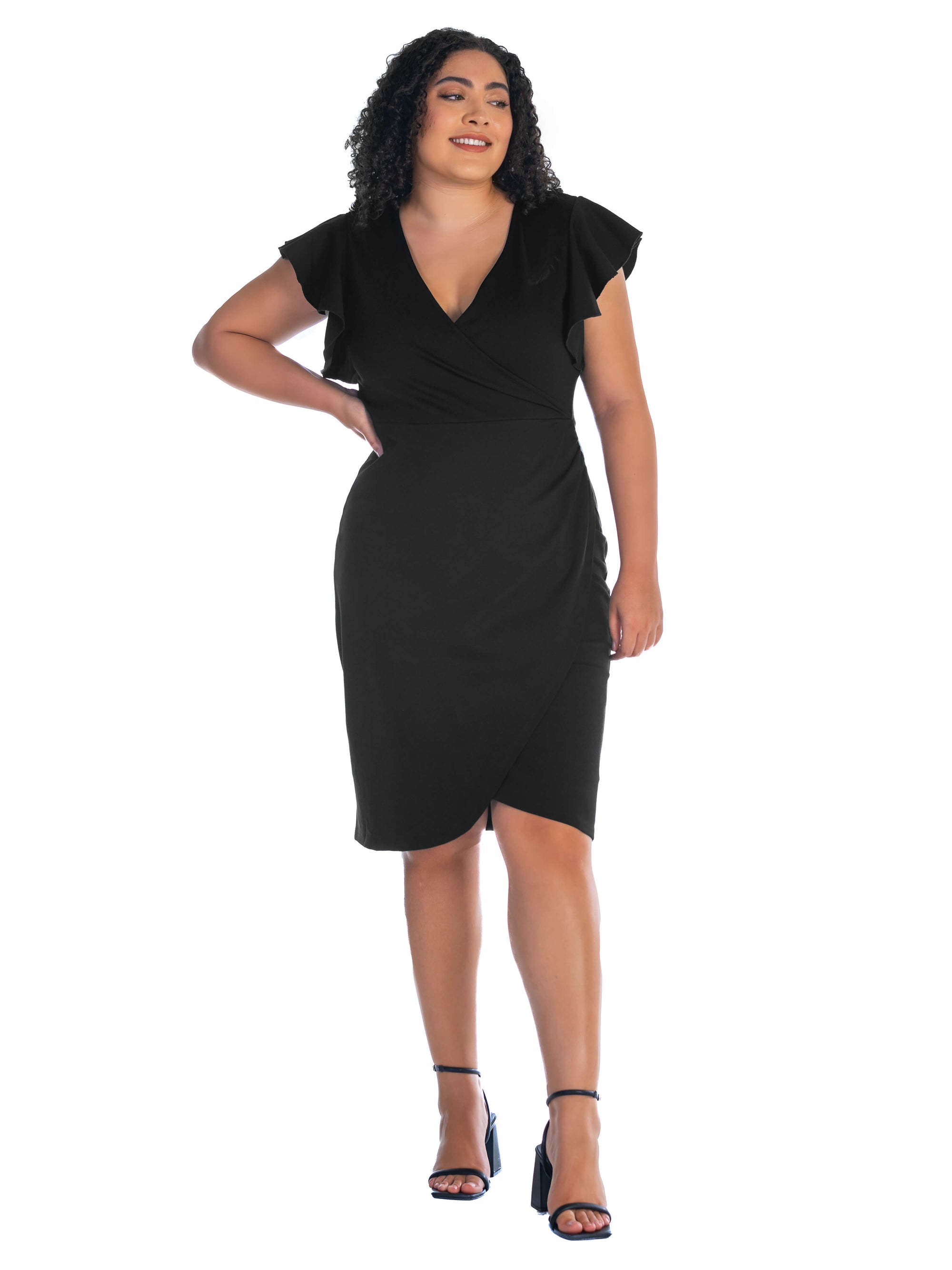 V Neck Ruffle Sleeve Knee Length Plus Size Dress