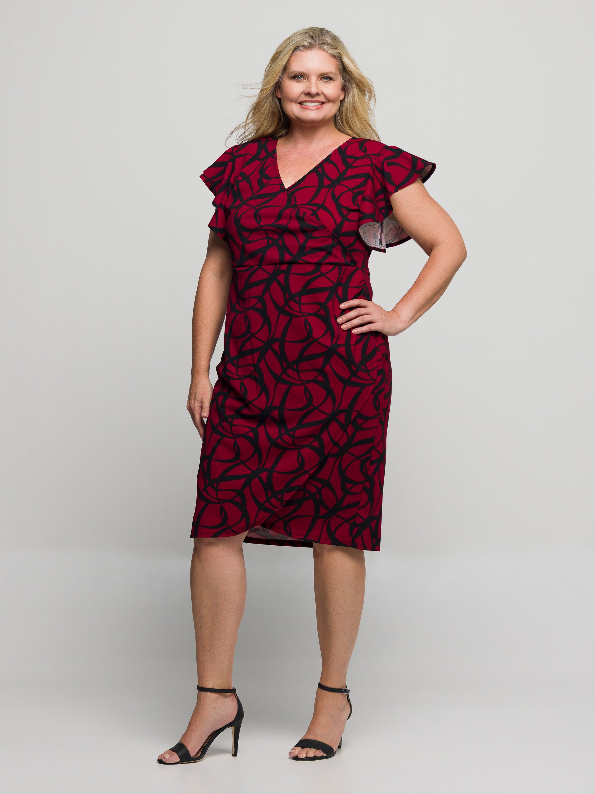 24seven Comfort Apparel Plus Size Burgundy Print Flutter Sleeve Faux Wrap Dress