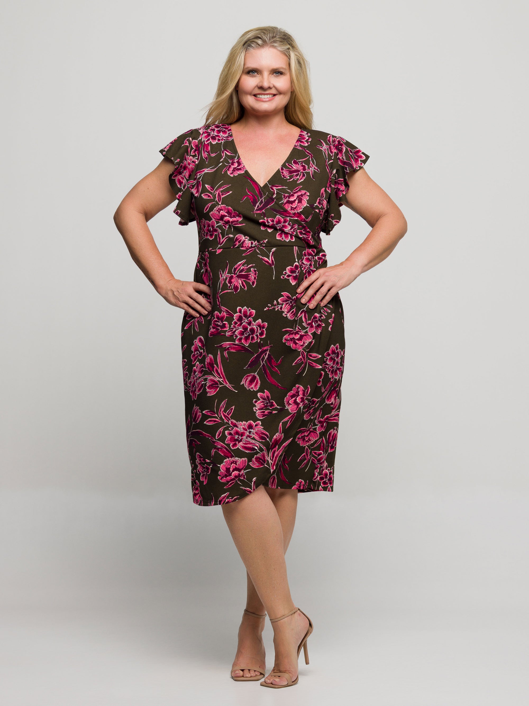 24seven Comfort Apparel Plus Size Brown and Pink Floral Flutter Sleeve Wrap Dress