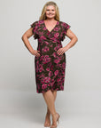 24seven Comfort Apparel Plus Size Brown and Pink Floral Flutter Sleeve Wrap Dress
