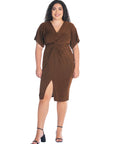 Short Sleeve V Neck Twist Front Split Plus Size Hem Dress