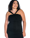 Halter Cross Neck Ruched Plus Size Bodycon Mid Dress