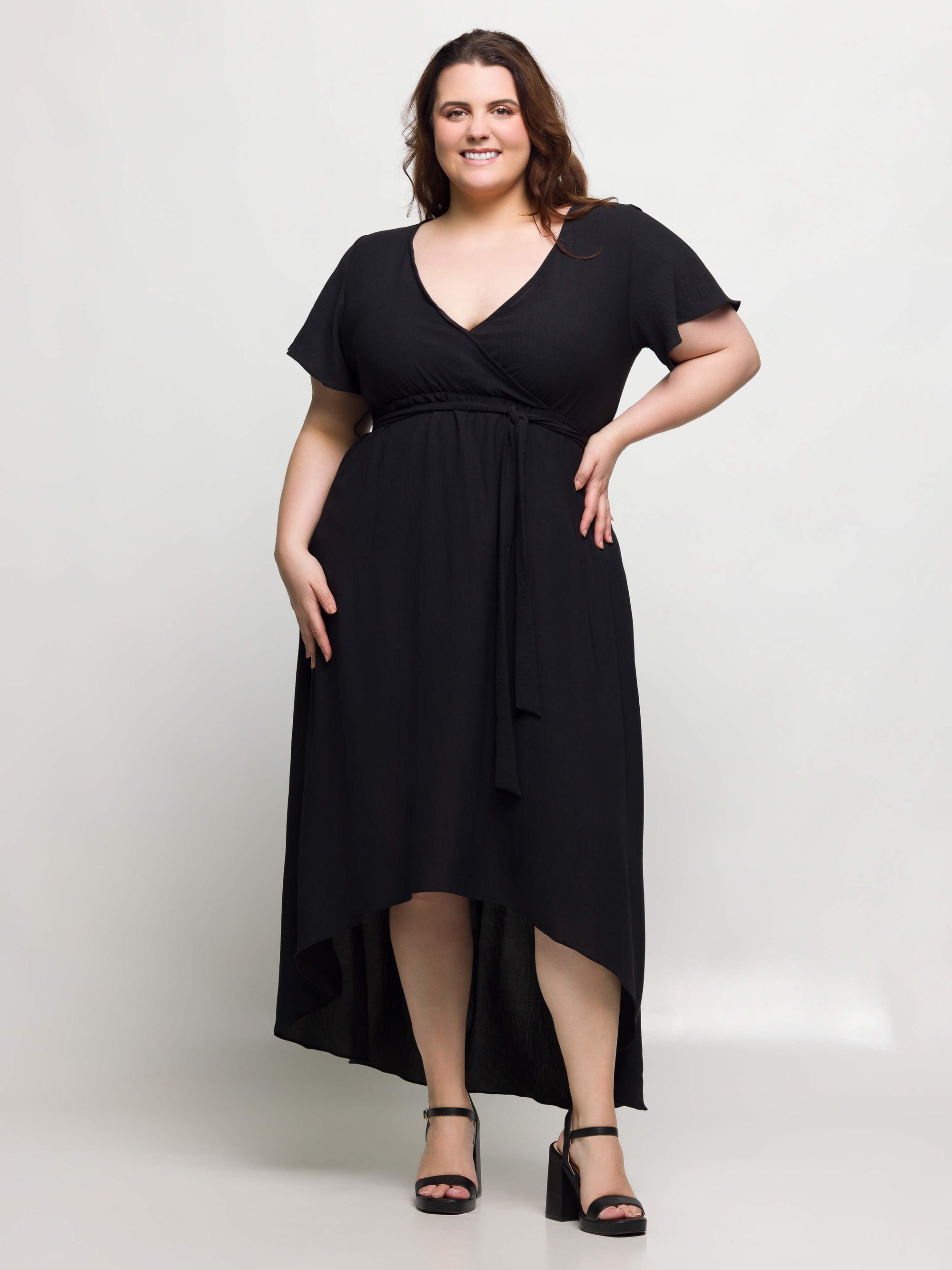 24seven Comfort Apparel Plus Size V Neck Belted Faux Wrap High Low Dress