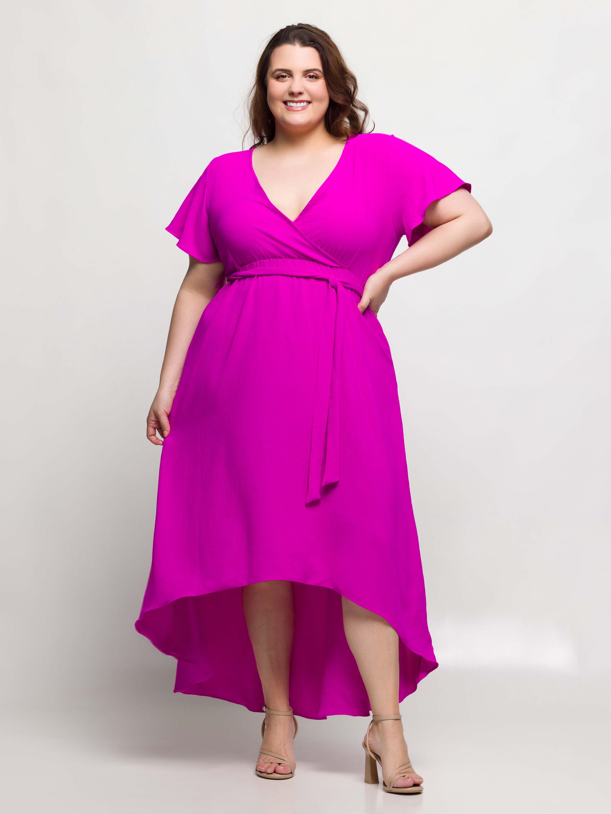 24seven Comfort Apparel Plus Size V Neck Belted Faux Wrap High Low Dress