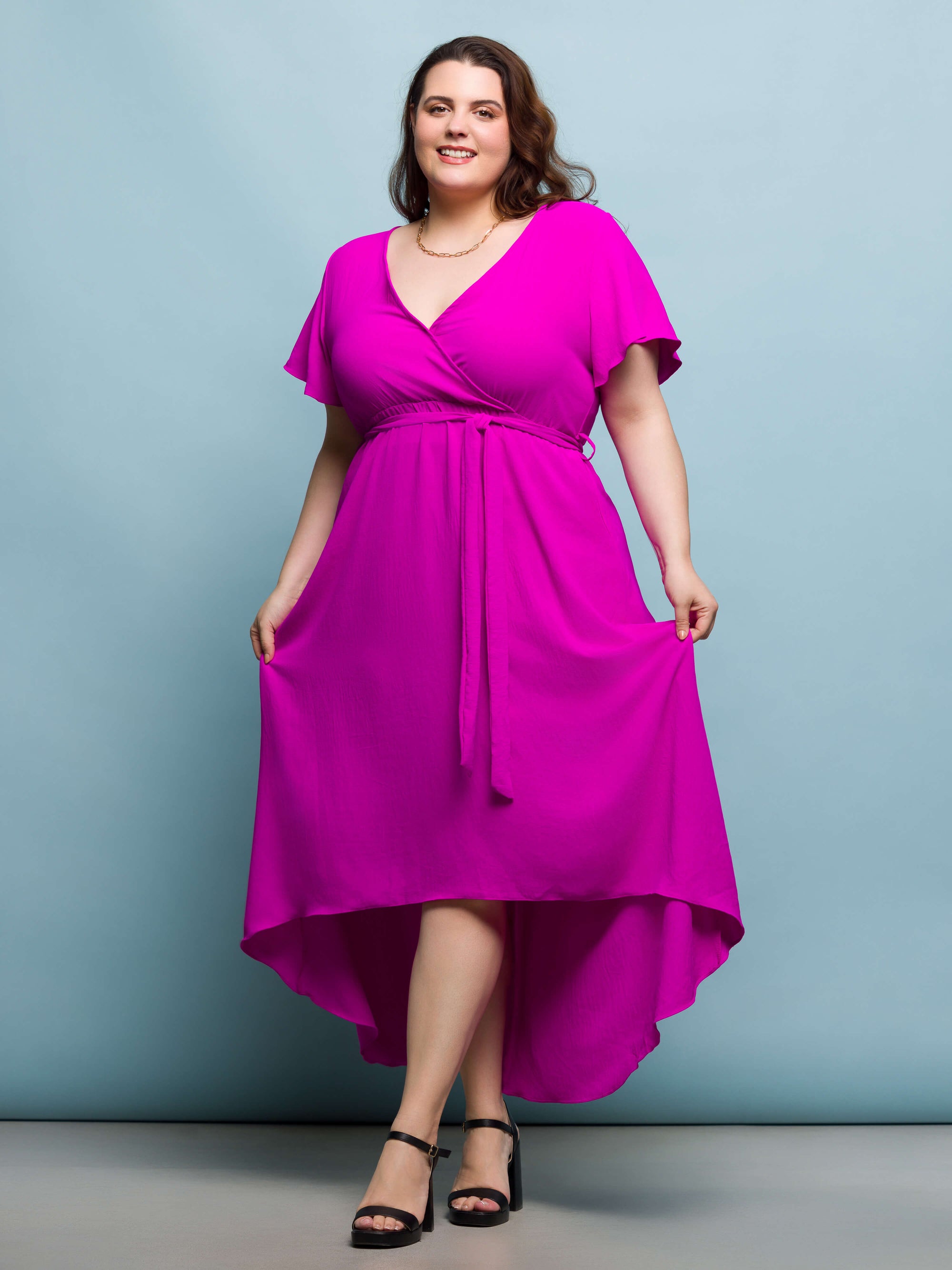 24seven Comfort Apparel Plus Size V Neck Belted Faux Wrap High Low Dress