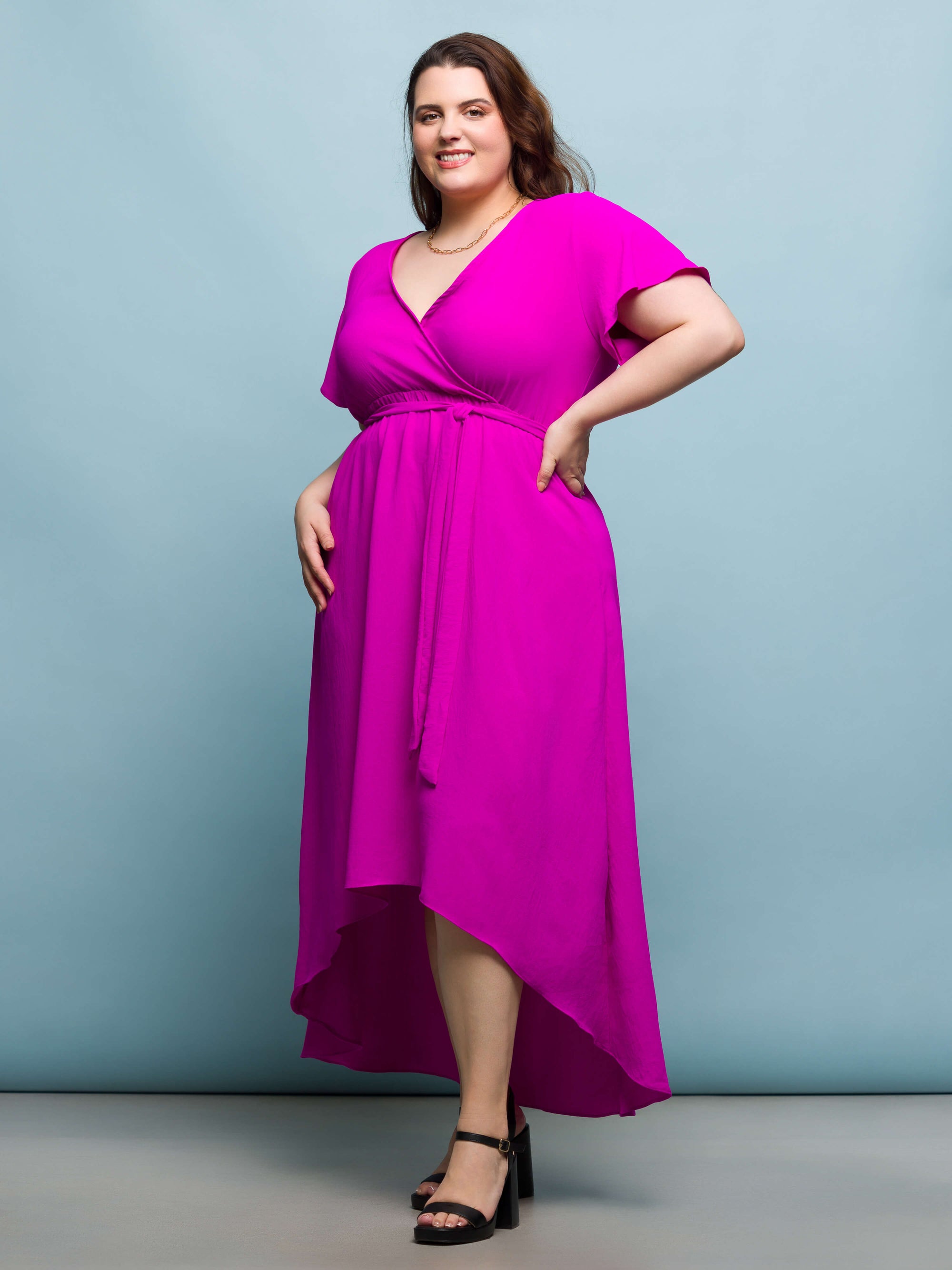 24seven Comfort Apparel Plus Size V Neck Belted Faux Wrap High Low Dress