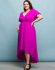 24seven Comfort Apparel Plus Size V Neck Belted Faux Wrap High Low Dress
