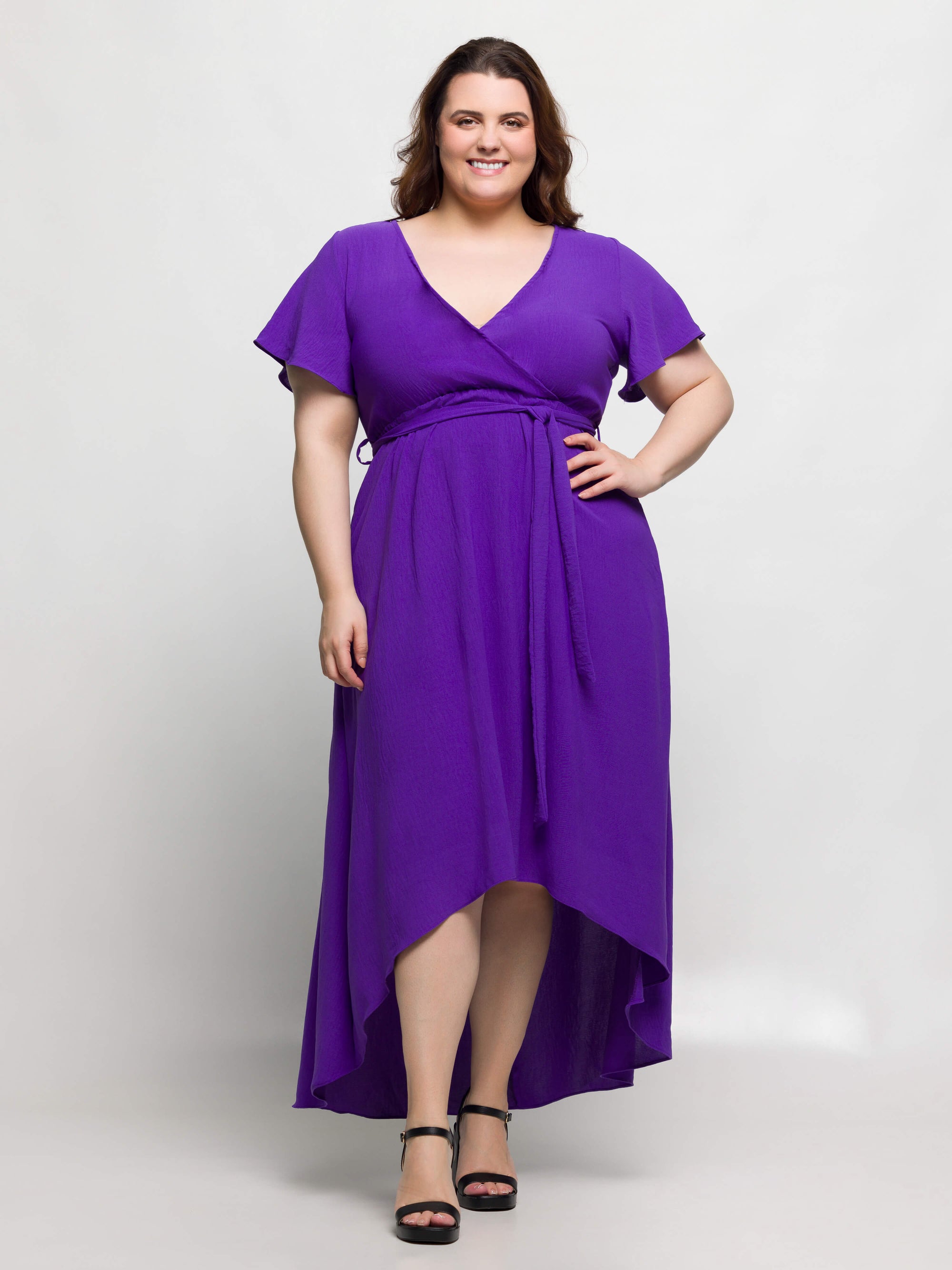 24seven Comfort Apparel Plus Size V Neck Belted Faux Wrap High Low Dress
