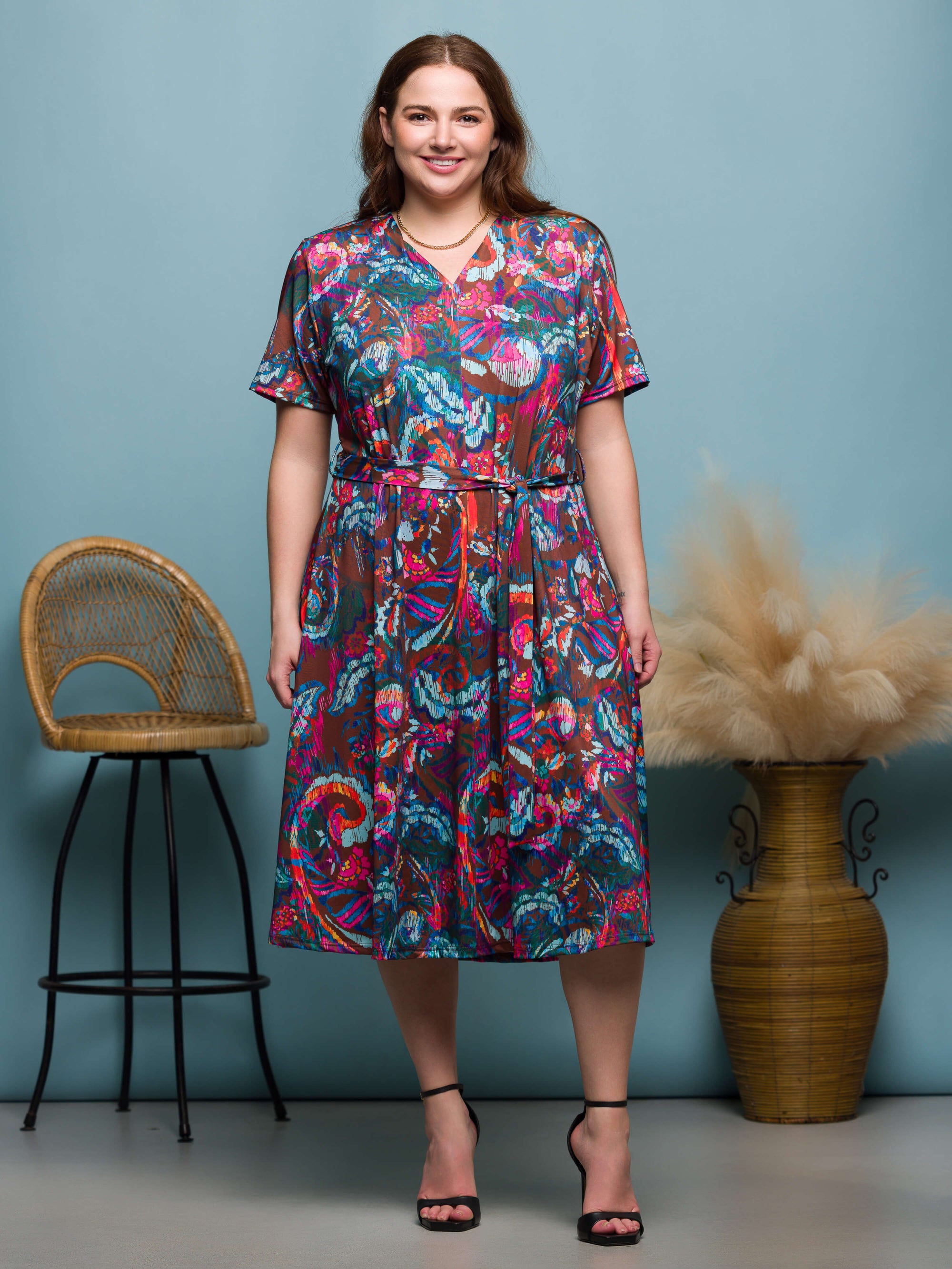 24seven Comfort Apparel Plus Size Brown and Pink Print Short Sleeve Tie Waist Midi Dress