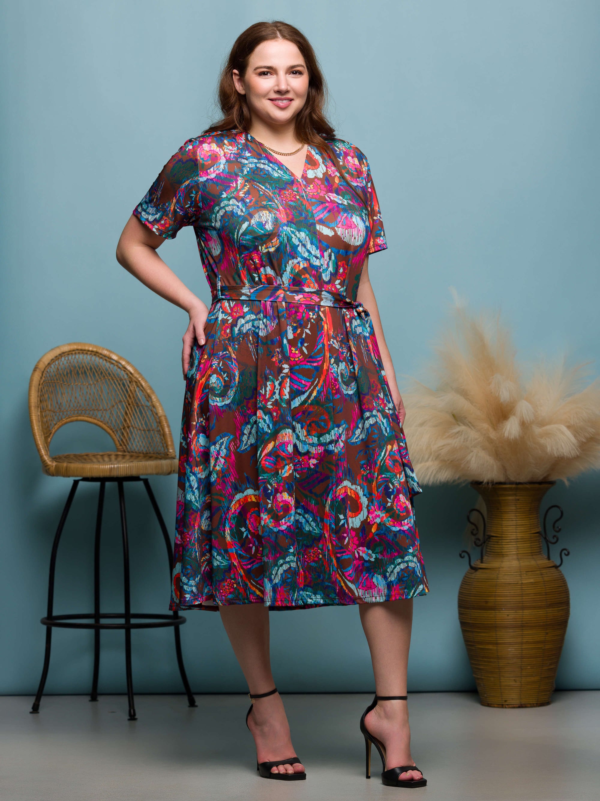 24seven Comfort Apparel Plus Size Brown and Pink Print Short Sleeve Tie Waist Midi Dress