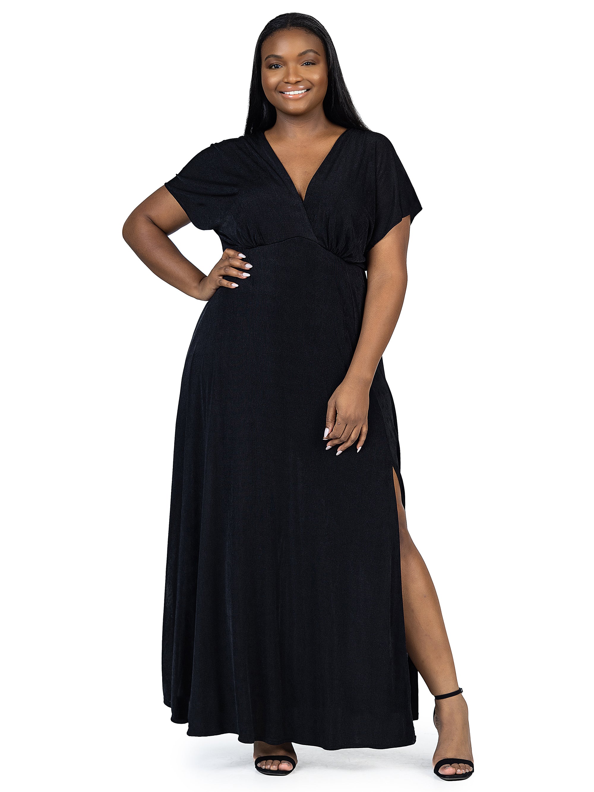 24seven Comfort Apparel Plus Size Flutter Sleeve Metallic Knit Maxi Dress Front Slit Empire Waist