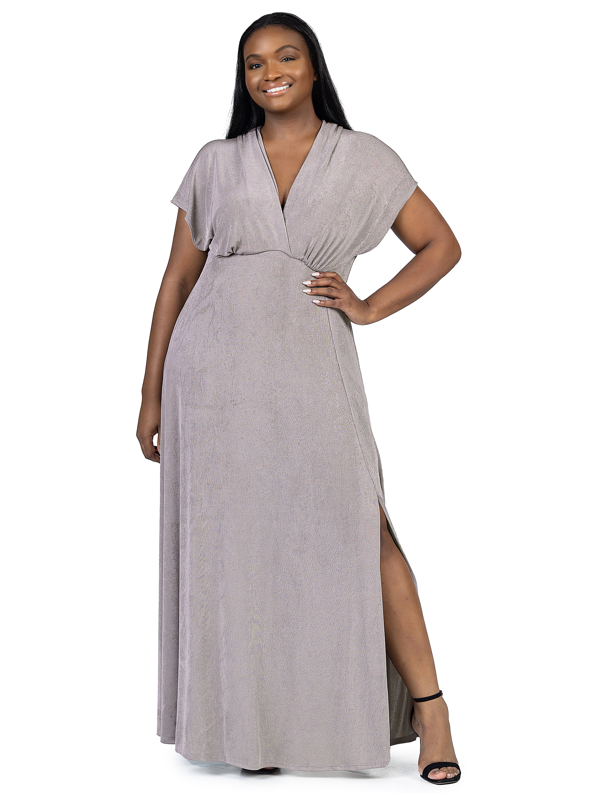 24seven Comfort Apparel Plus Size Flutter Sleeve Metallic Knit Maxi Dress Front Slit Empire Waist