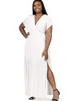 24seven Comfort Apparel Plus Size Flutter Sleeve Metallic Knit Maxi Dress Front Slit Empire Waist