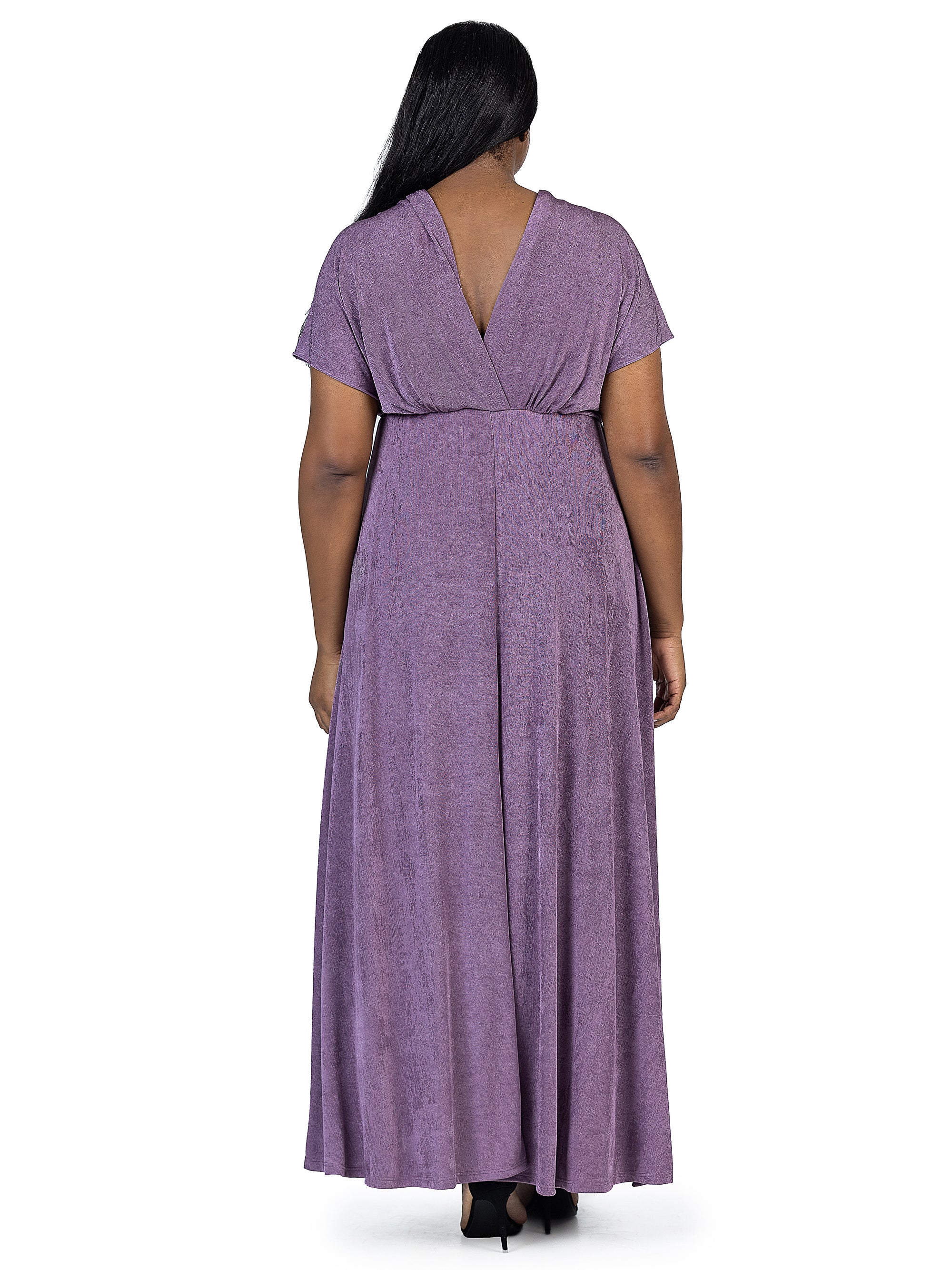 24seven Comfort Apparel Plus Size Flutter Sleeve Metallic Knit Maxi Dress Front Slit Empire Waist