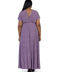 24seven Comfort Apparel Plus Size Flutter Sleeve Metallic Knit Maxi Dress Front Slit Empire Waist