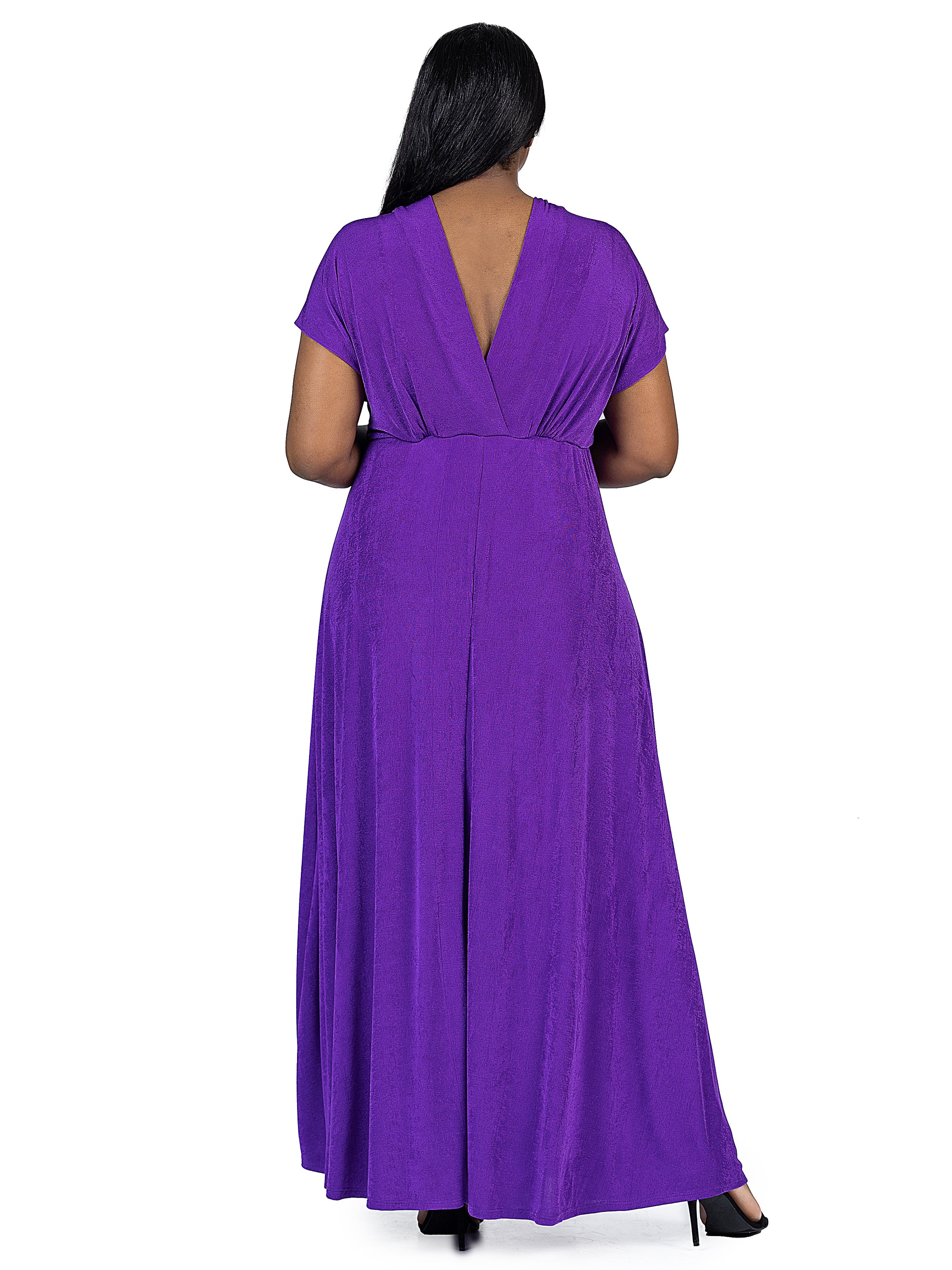 24seven Comfort Apparel Plus Size Flutter Sleeve Metallic Knit Maxi Dress Front Slit Empire Waist