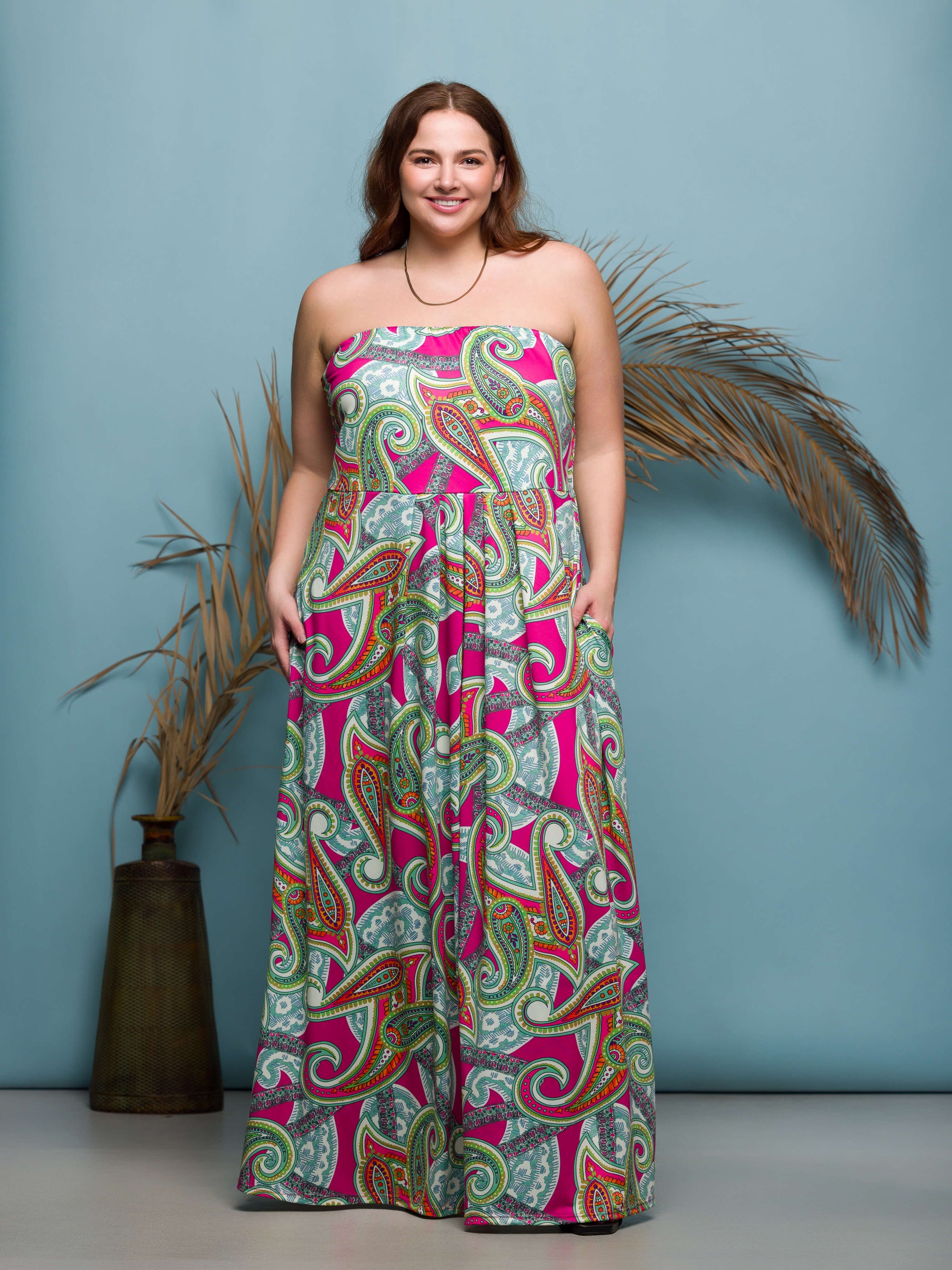 24seven Comfort Apparel Plus Size Pink Paisley A Line Strapless Maxi Dress With Pockets