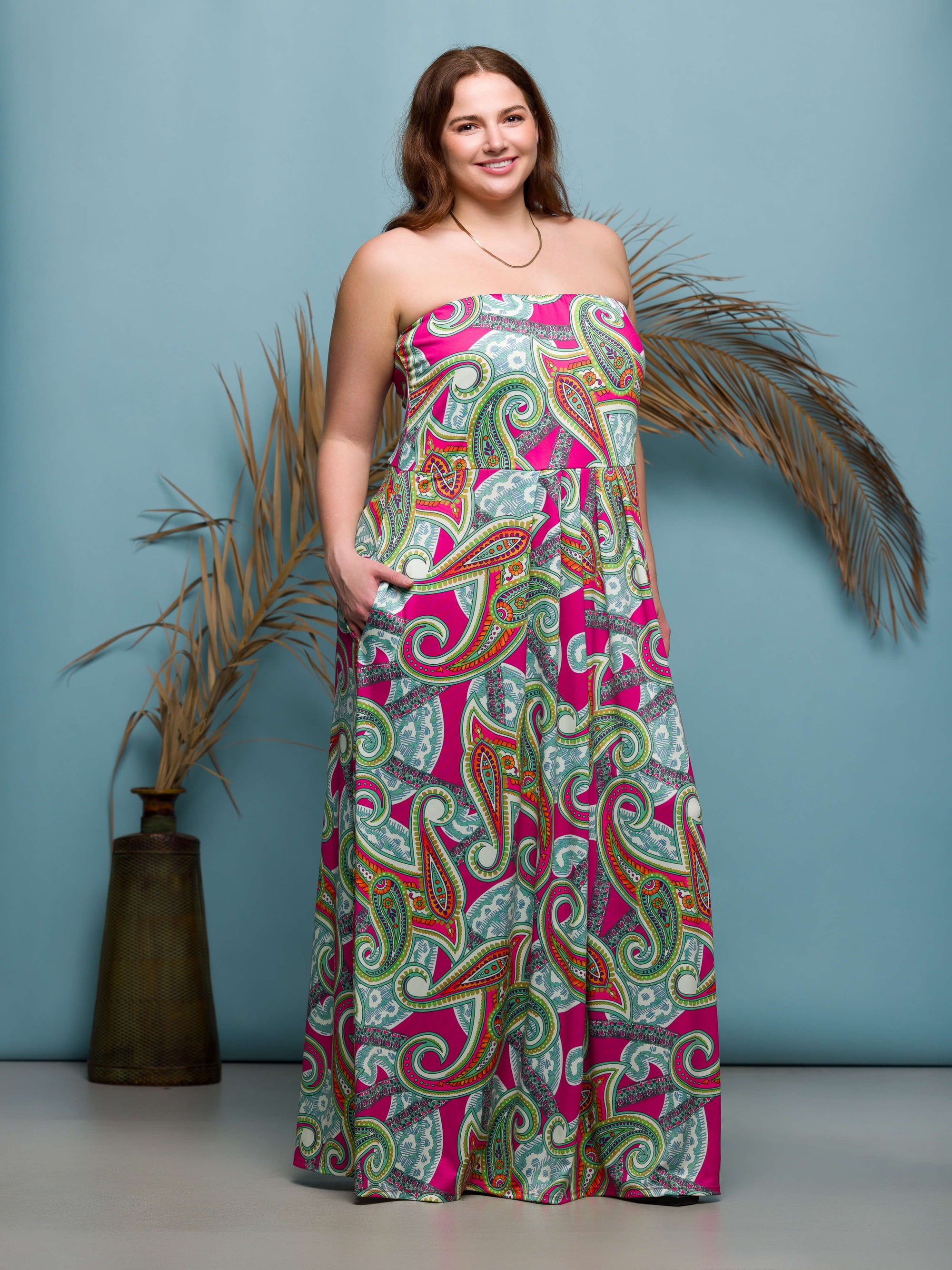 24seven Comfort Apparel Plus Size Pink Paisley A Line Strapless Maxi Dress With Pockets