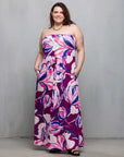 24seven Comfort Apparel Plus Size Purple Floral A Line Strapless Maxi Dress With Pockets