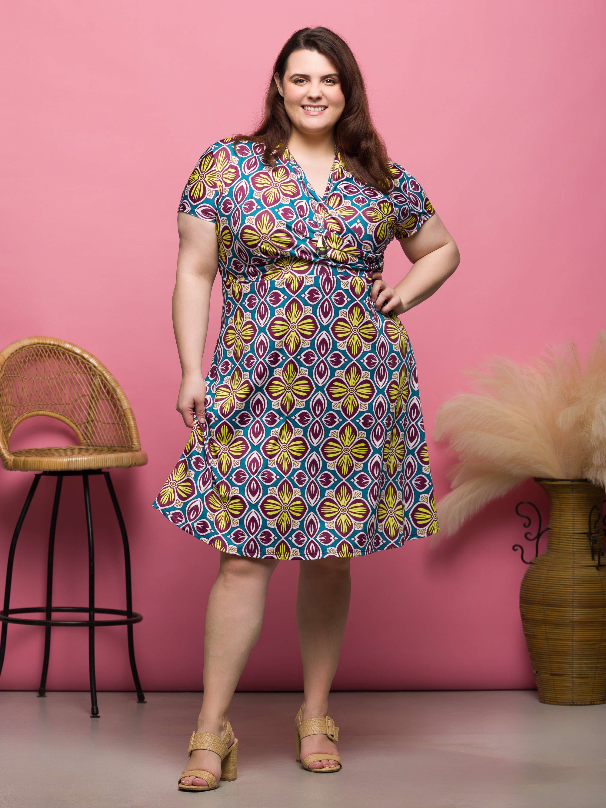 24seven Comfort Apparel Plus Size Floral Print Short Sleeve Knee Length V Neck Wrap Dress