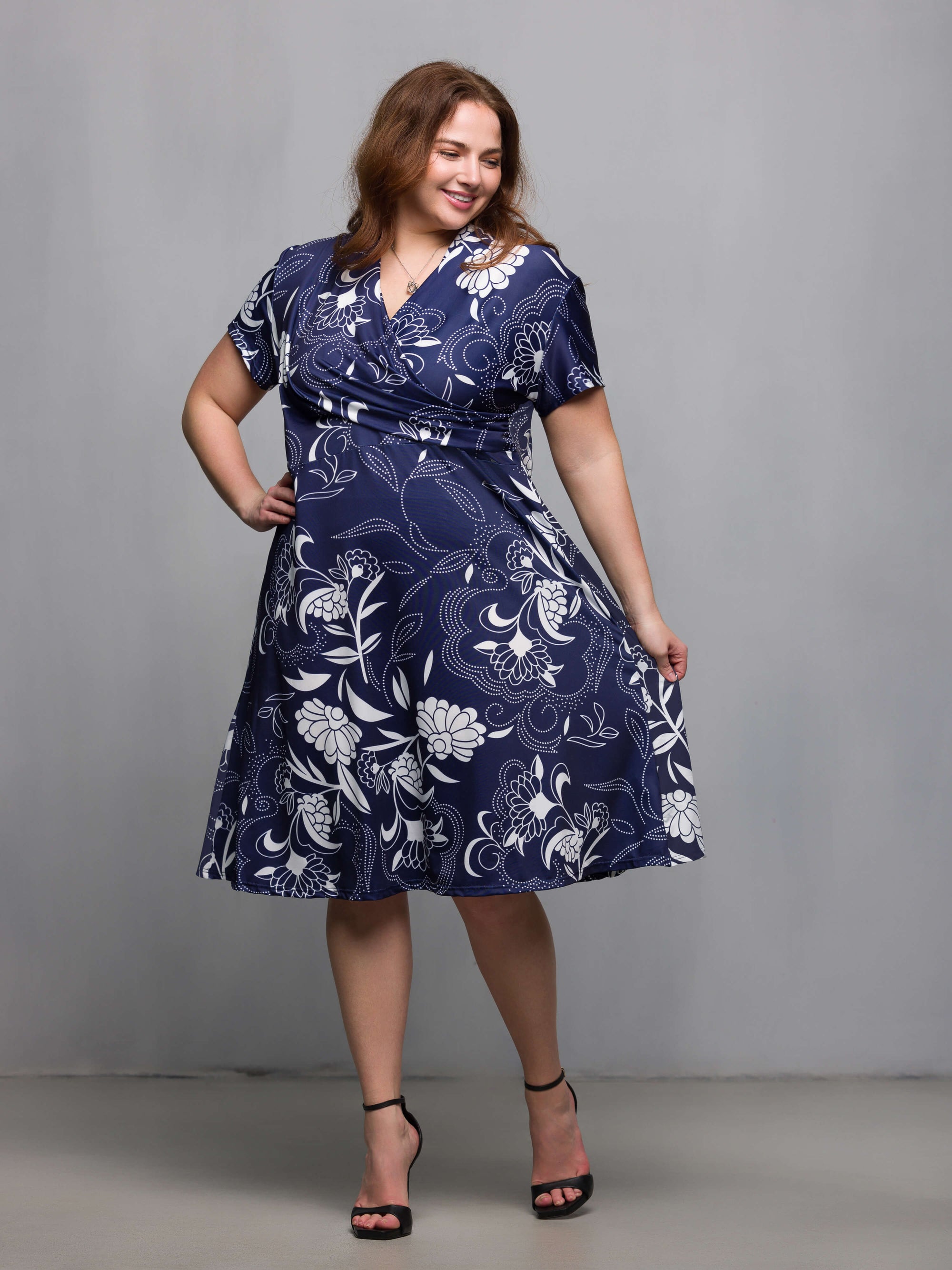 24seven Comfort Apparel Plus Size Navy Print Short Sleeve Knee Length V Neck Wrap Dress