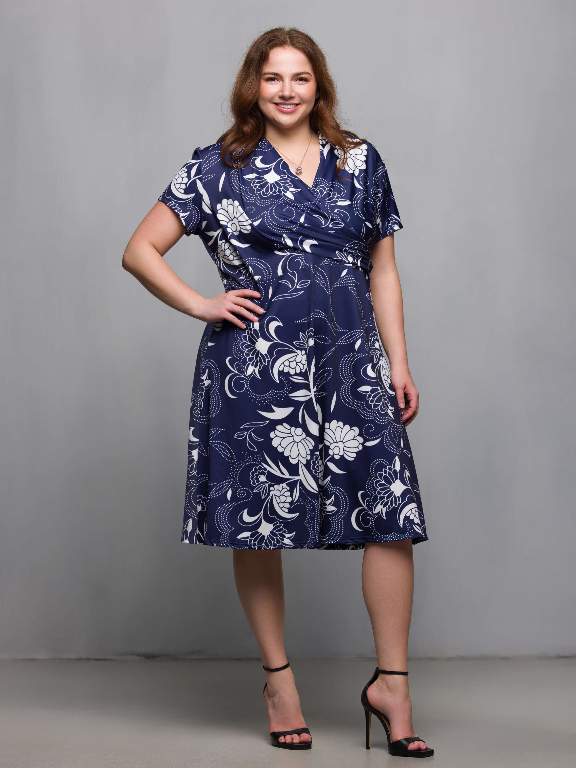 24seven Comfort Apparel Plus Size Navy Print Short Sleeve Knee Length V Neck Wrap Dress