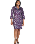 Plus Size Purple Geometric Print Three Quarter Sleeve Collar Mini Dress