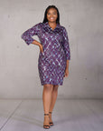 Plus Size Purple Geometric Print Three Quarter Sleeve Collar Mini Dress
