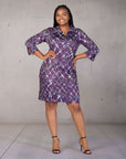 Plus Size Purple Geometric Print Three Quarter Sleeve Collar Mini Dress