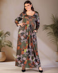 Plus Size Green Long Sleeve Empire Waist Pocket Maxi Dress